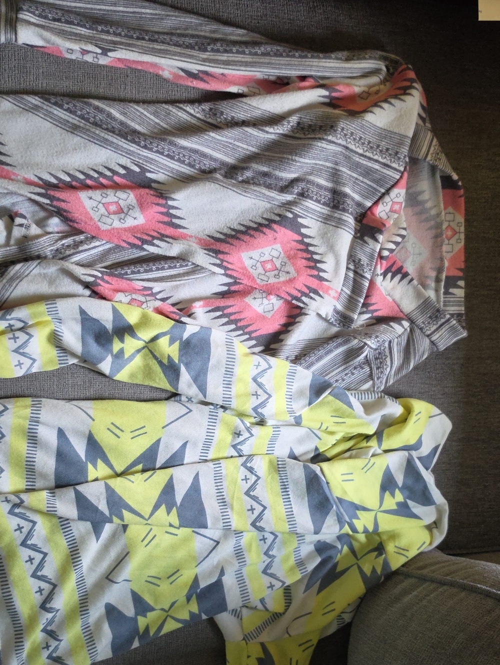 Aztec Print Open Cardigan Duo - Coral/Gray & Neon Yellow/Gray